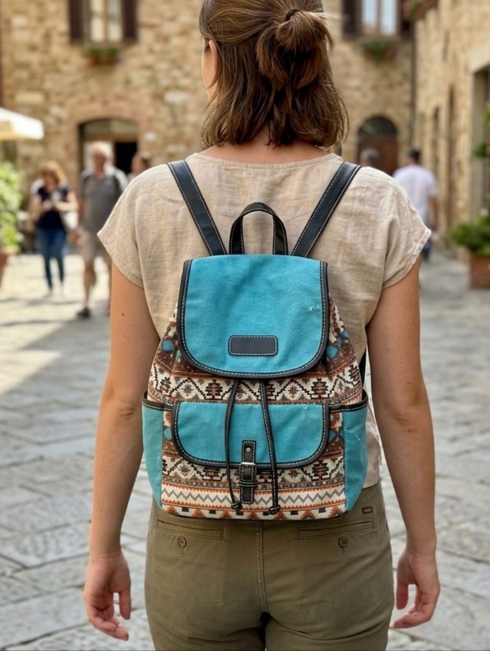Blue Aztec Print Canvas Backpack Purse Great Buy, Needs New Snap.